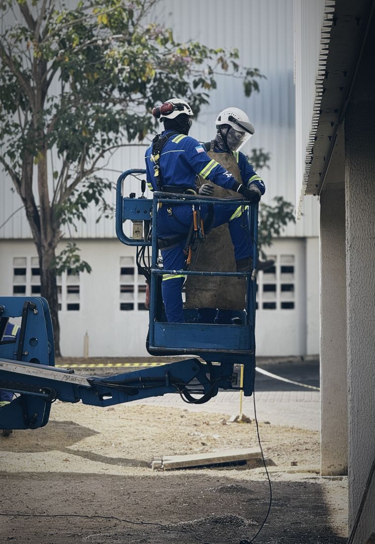 Dois profissionais na plataforma elevatória junto ao galpão